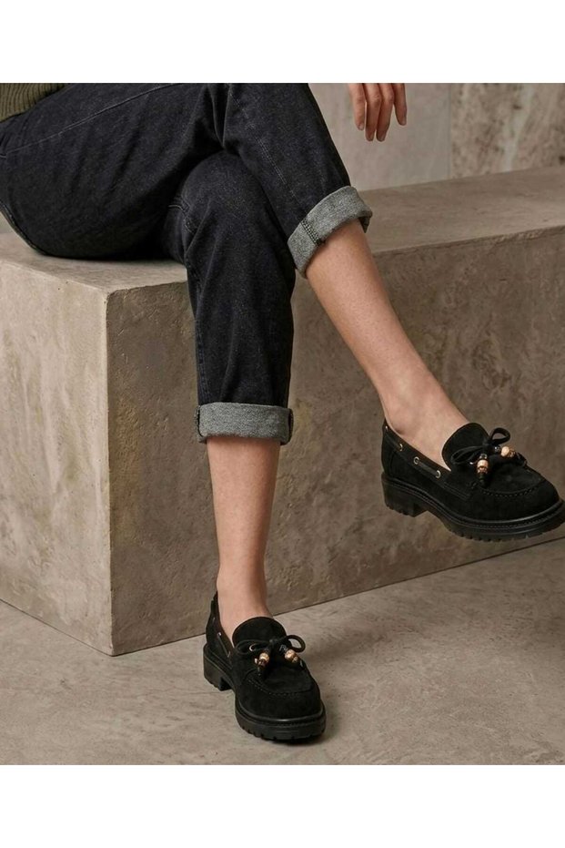 Women's High Non-Slip Sole and Dana Suede Beaded Lace-Up Loafers Oxford Shoes