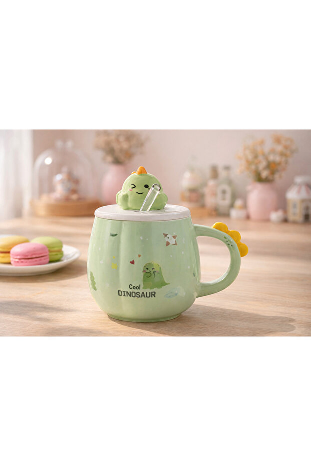 Cute Dinosaur Lid Ceramic Mug 500 ml – Mousse Design Coffee & Tea Cup with Straw