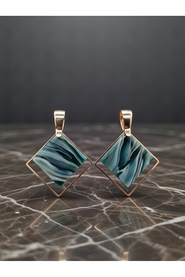 Green Black Marble Pattern Gold Color Square Framed Steel Earrings