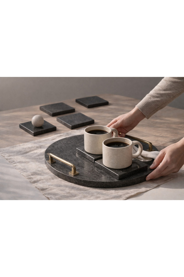 Siré Black Marble Coffee Presentation Set – Marble Tray and 4 Coasters | Stylish Gift Set