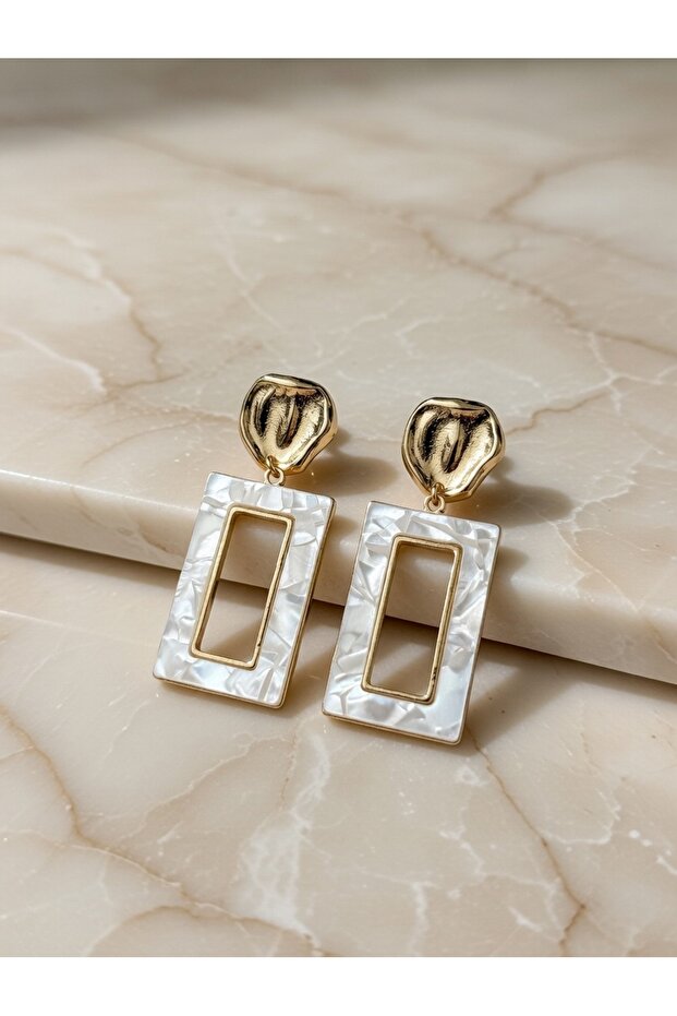 White Marble Patterned Gold Color Rectangular Framed Steel Earrings - Tarnish Resistant