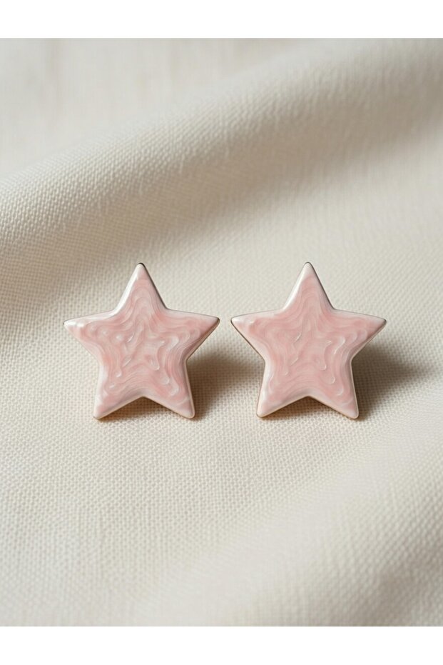 Pink Star Enamel Wave Patterned Minimal Earrings - Steel Does Not Tarnish