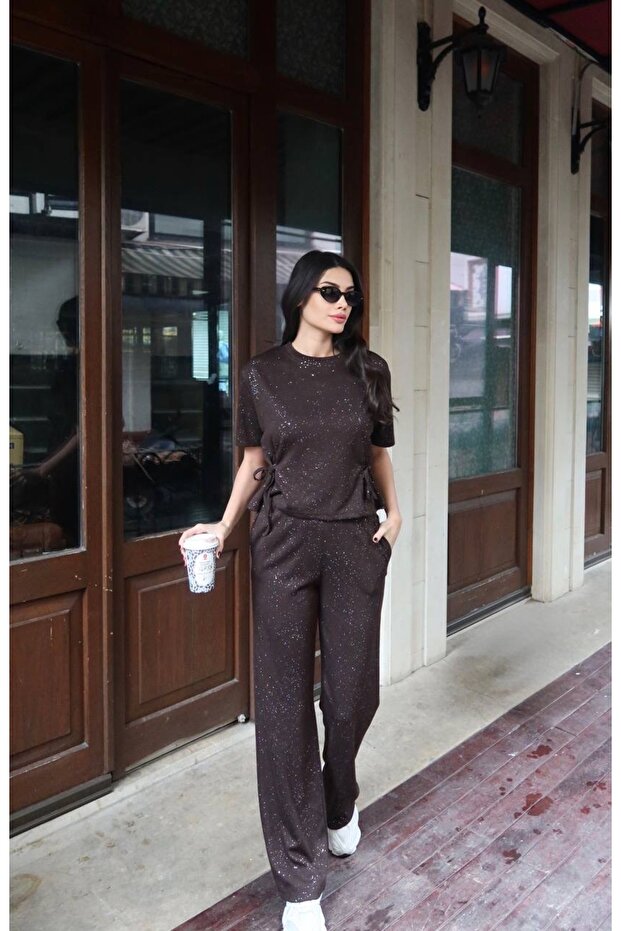 Women's Top and Bottom Set Glittery Blouse with Tie Detail Wide Leg Pants Two-Piece Set