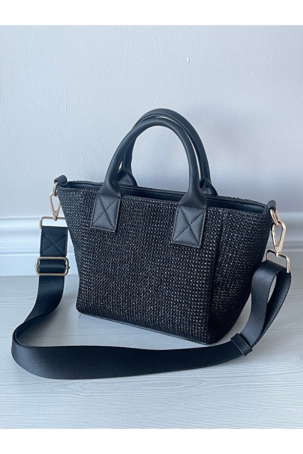 Black Straw Women's Letter Model Handbag and Shoulder Bag