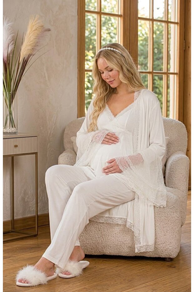 New Season Ecru Special Lace Detailed Design 100% Cotton Maternity Pajama Set