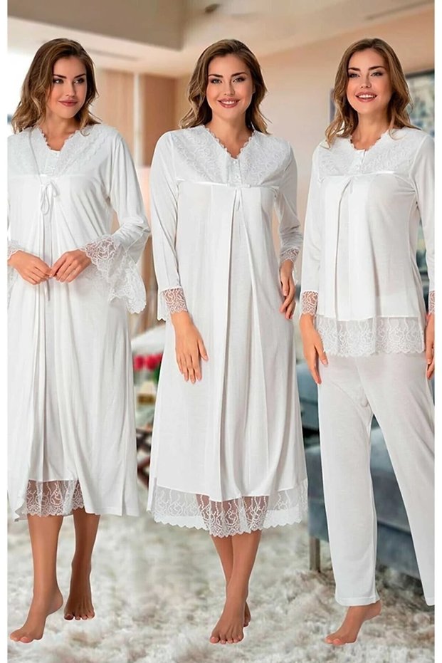 Dvina Maternity Nightgown, Dressing Gown and Pajama Set - 4-Piece Set - Ecru