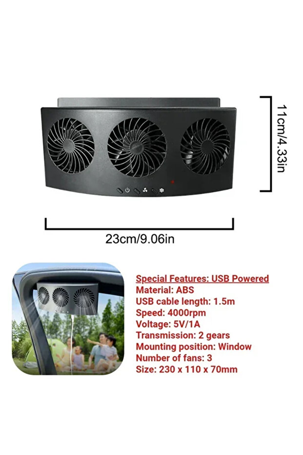 Black 3 Fan USB Custom Portable Fan Car Deodorization 3 Heads Auto Ventilation Fans Solar Charging S