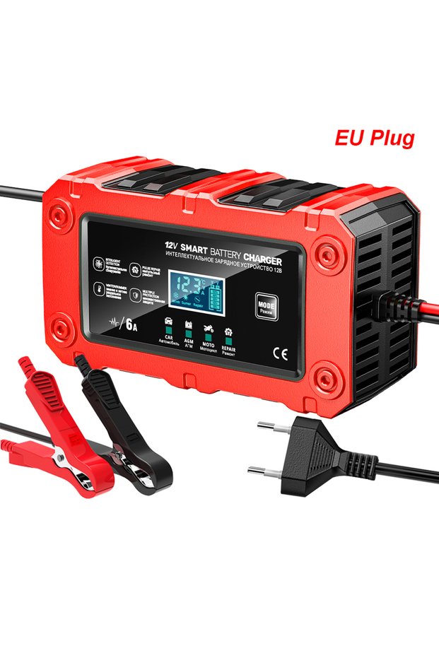 Red EU 90W RV Supplies Intelligent Battery Chargers 12V 6A Storage Cell Maintance Automobile Battery