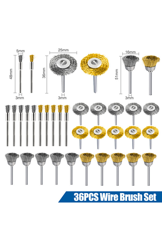 36pcs XCAN 36pcs 3.0mm Shank Wire Wheel Cup Brush Set Steel Wire Brass Brush for Dremel Rotary Tool