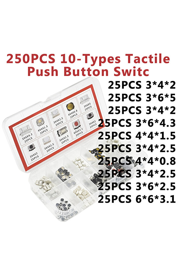 250PCS Switch Kit 250PCS 10 Types Tactile Push Button Switch Car Keys Button Touch Microswitch Kit w