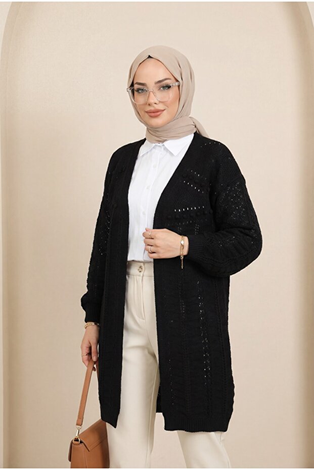 Pompom Mixed Pattern Araboy Knitwear Cardigan - Black