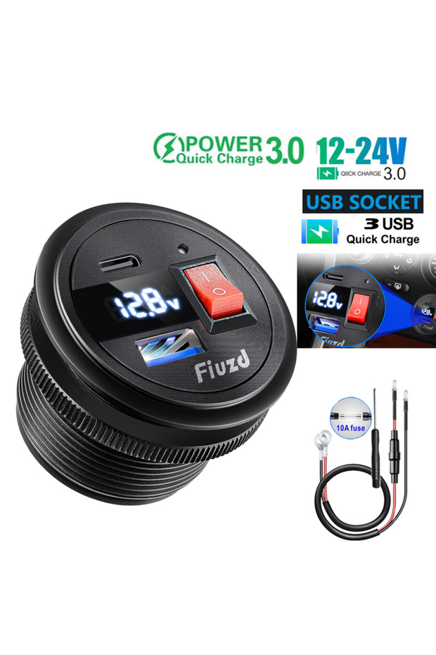 شاحن سيارة APC بمنفذين USB-C مع مفتاح LED، يدعم PD3.0 وQC3.0، شحن سريع 54 واط، 12 فولت/24 فولت