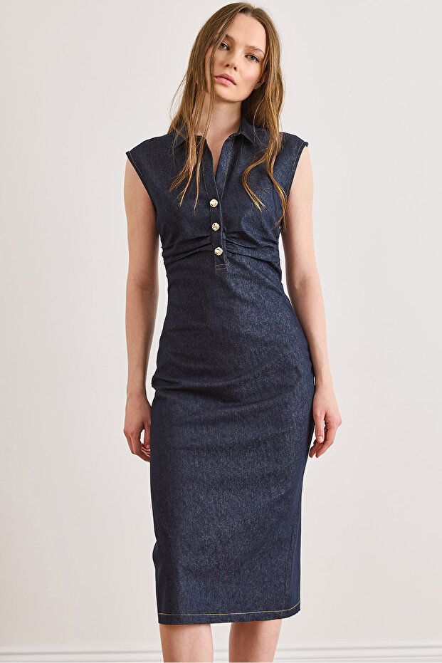 Women's Navy Blue Drape Detailed Stretch Fabric Midi Denim Dress Elb-19002600