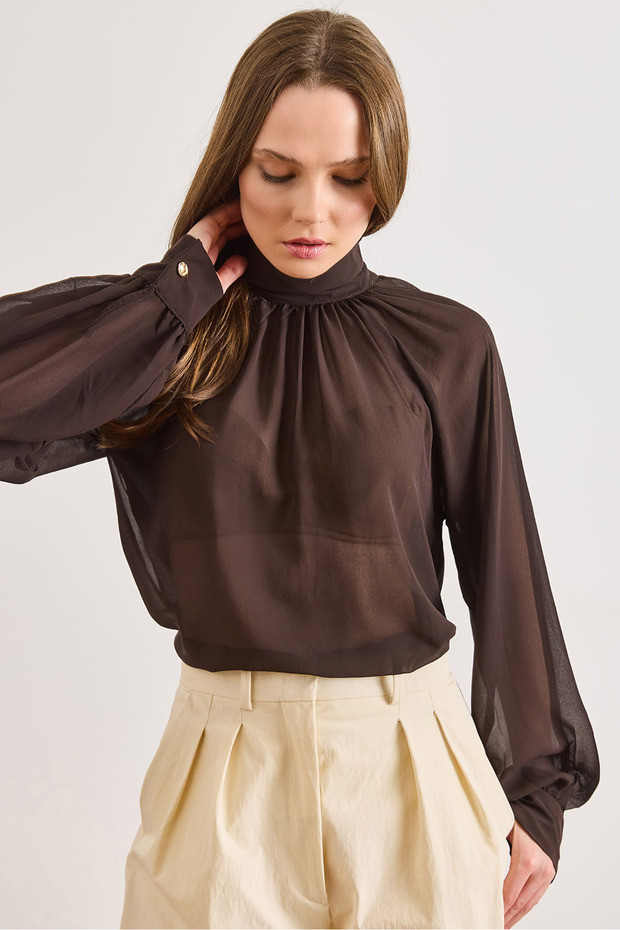 Women's Brown Collar Zipper Back Ruffled Boho Stylish Tulle Blouse Blz-19003246