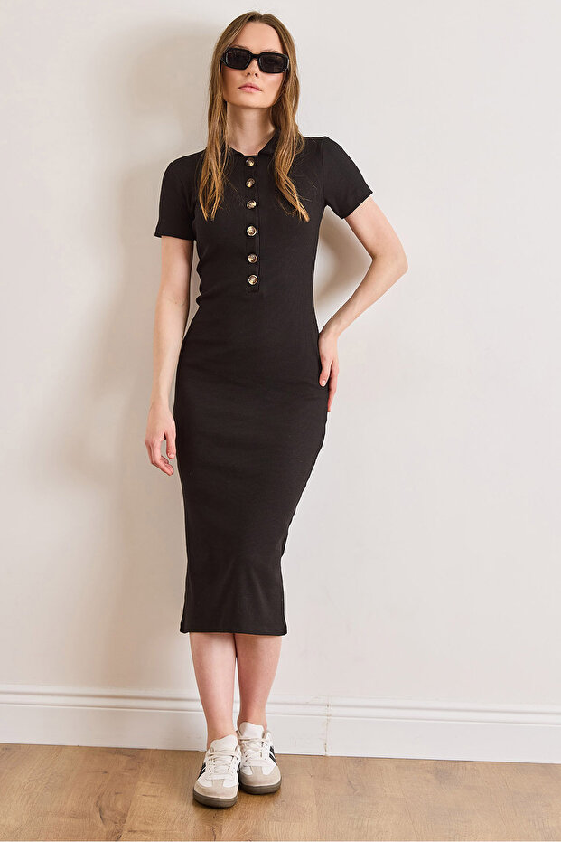 Women's Black Polo Collar Buttoned Midi Cotton Dress Elb-19002597