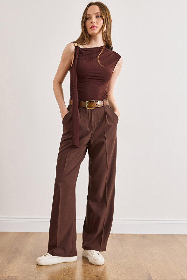 Women's Brown Elastic Back Pocketed Poly Viscose Palazzo Fabric Trousers Pnt-19000395