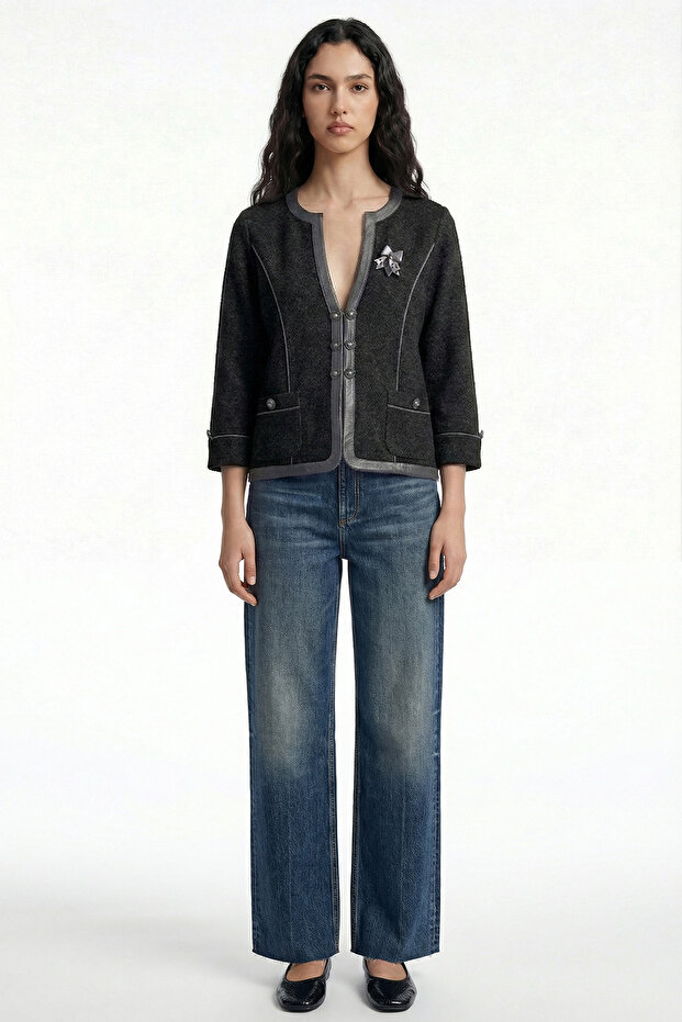 Faux Leather Piped Wool Knitwear Jacket - Black - Dark Gray