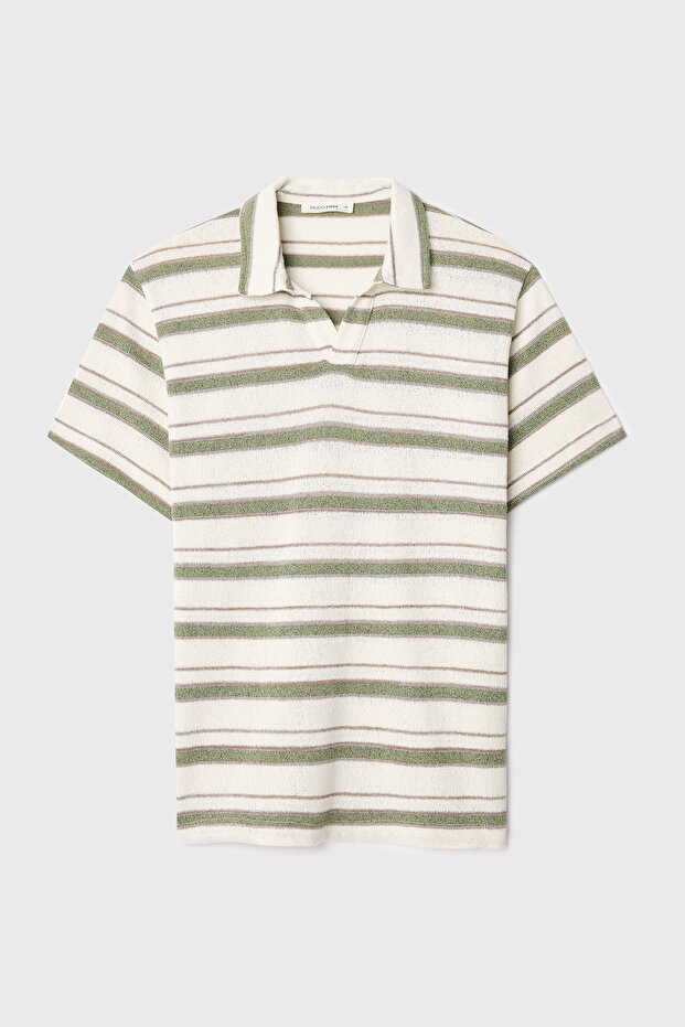 Men's Ecru Loose Fit Striped Polo Collar Short Sleeve T-Shirt