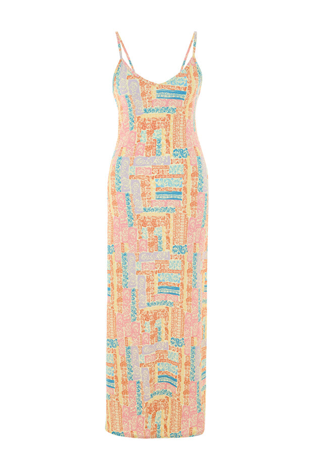 Women's Pink Printed Strappy Straight Cut Long Dress