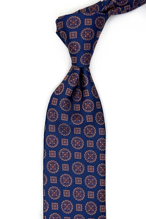 Navy Blue - Brown Motif Pattern Classic Tie with Handkerchief Kk13533