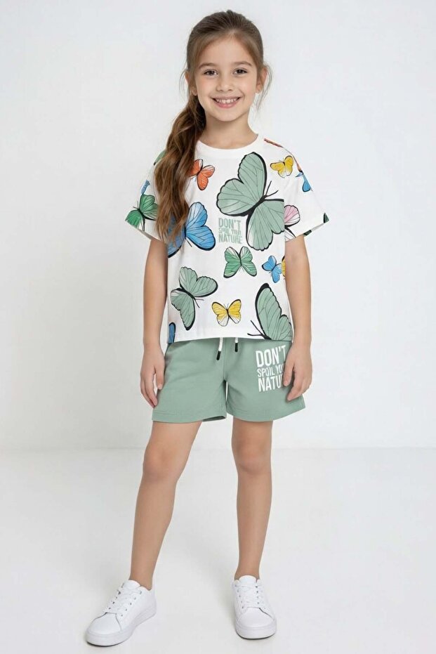 Girl's Colorful Butterfly Printed Combed Cotton T-Shirt with Text Printed Green Shorts Set