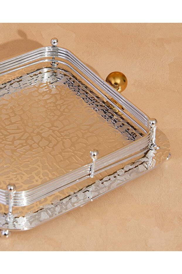 صينية تقديم معدنية مربعة فضية اللون - متوسطة الحجم - 4