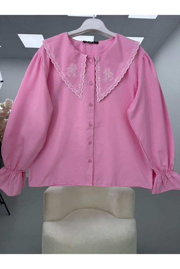 Women's Collar Embroidered Shirt Pink