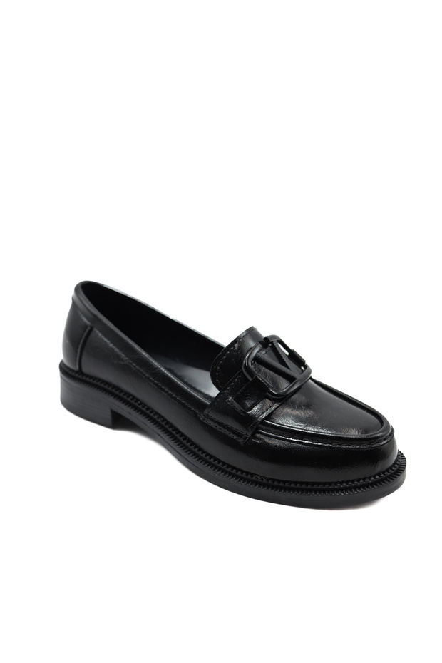 Black Patent Leather V Buckle Women's Ballet Flats Shoes