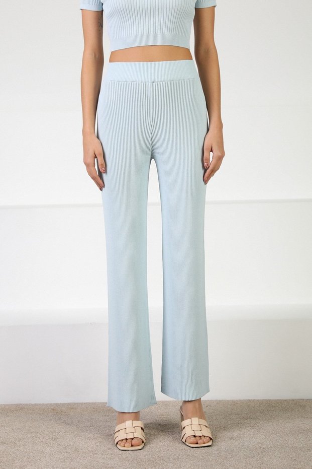 Blue Women's High Waist Corded Fabric Slim V Viscose Knitwear Pants