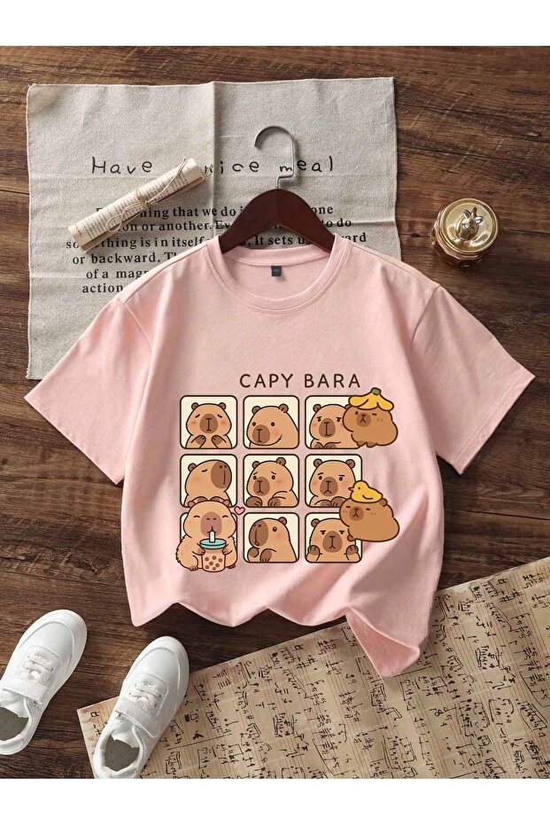 Girl's Capybara Printed Oversized Comfortable Daily Use Combed Cotton T-Shirt