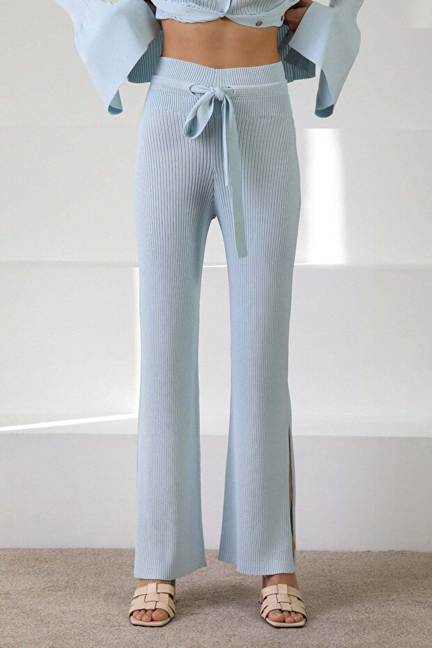 Blue Drawstring Waist Slit Corded Fabric Women's Knitwear Trousers