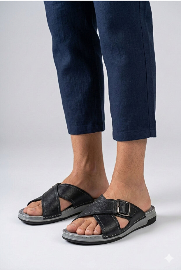 Men's Faux Print Leather Orthopedic Comfortable Sole Cross Strap Buckle Slippers