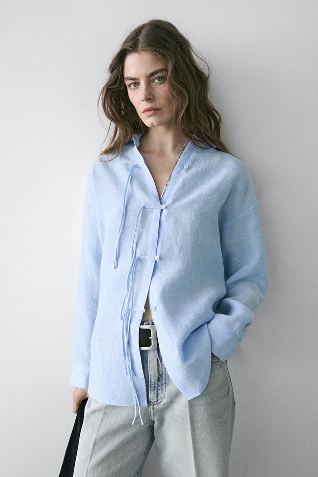 Dökümlü %100 keten gömlek - 2