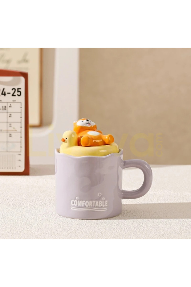 Puppy-Themed Duck Ceramic Mug with Dog Figure, Lid and Spoon - Purple