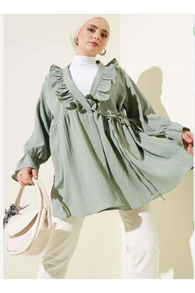 Women's Collar Ruffled Kimono Khaki