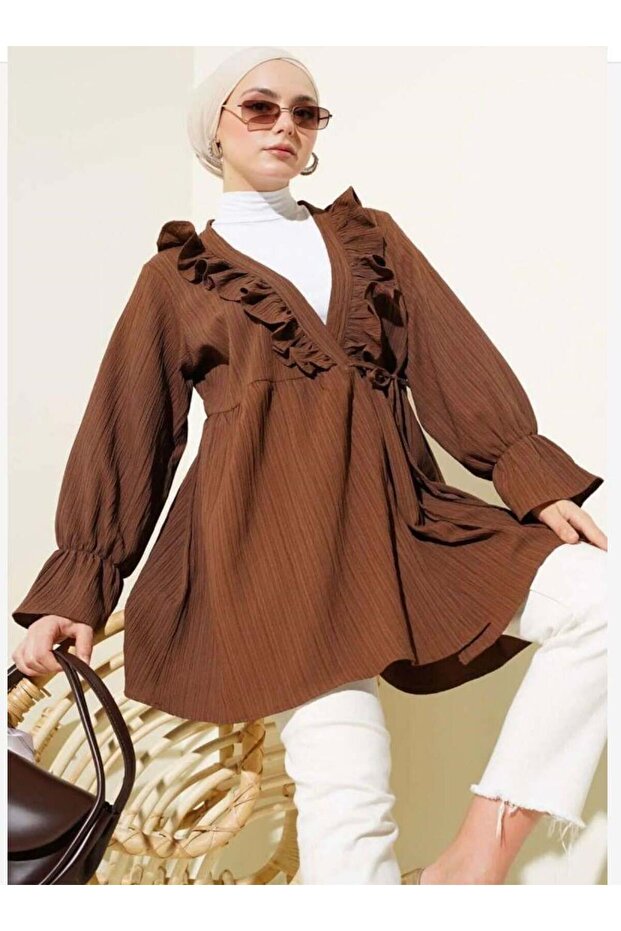 Women's Collar Ruffled Kimono Brown