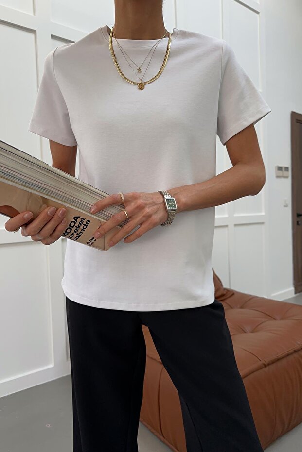 قطن قطع تي شيرت أساسي باللون الأبيض - 1