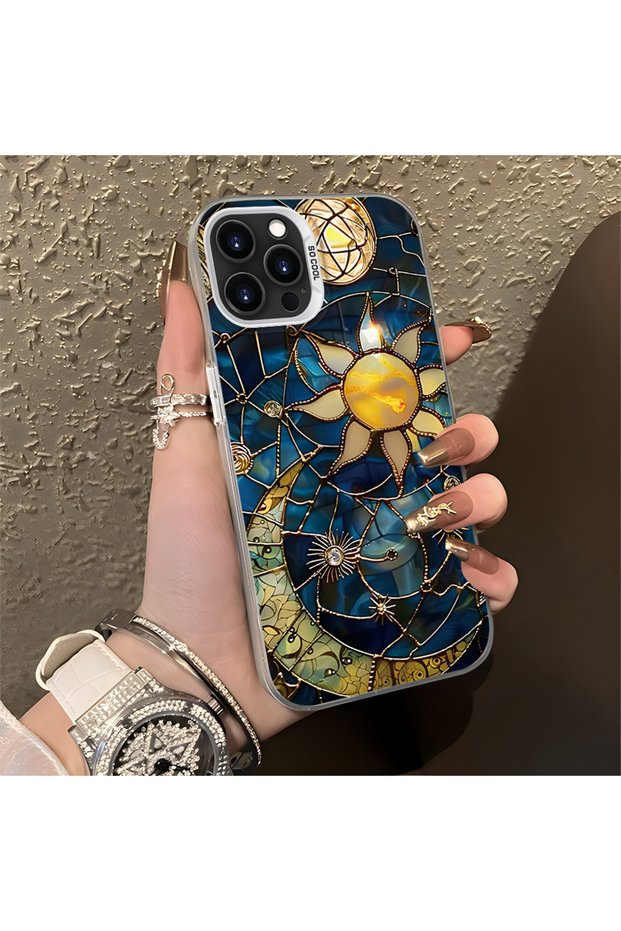 iPhone 13 Pro Compatible Silicone Edge Hard Back Anti-Fall Phone Case Moon and Stars Patterned