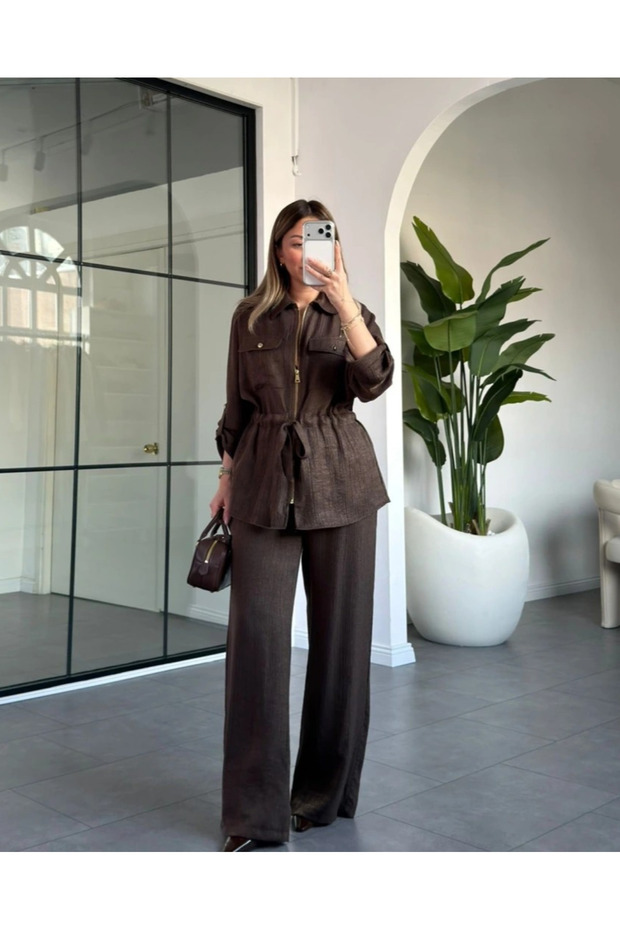 Brown Bel Tie-Detail Shiny Jacket Trousers Set - 51279