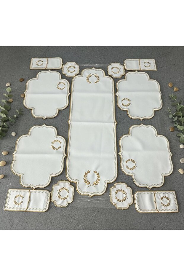 Gold Embroidered Ecru Leather 19 Piece Luxury Set of Placemat and Table Runner