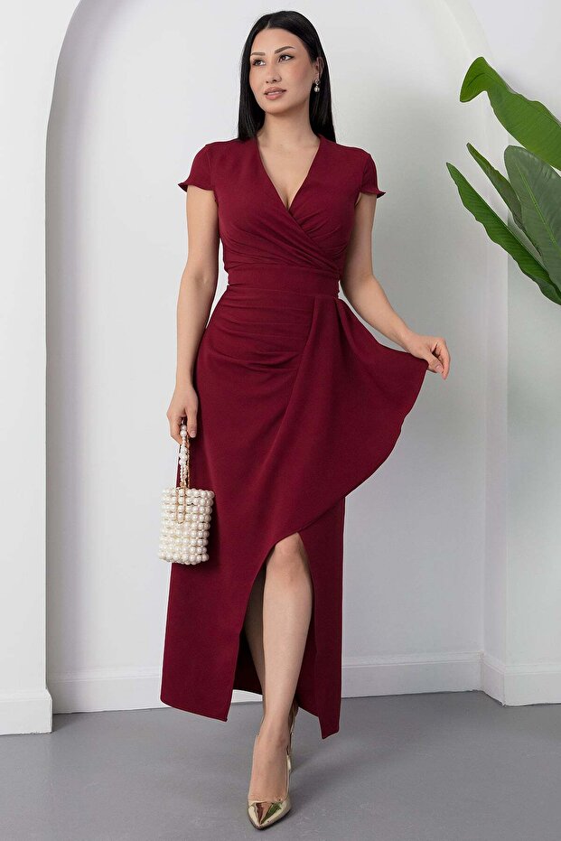 Double-Breasted Collar Skirt Pleated Slit Dress Jnl3115