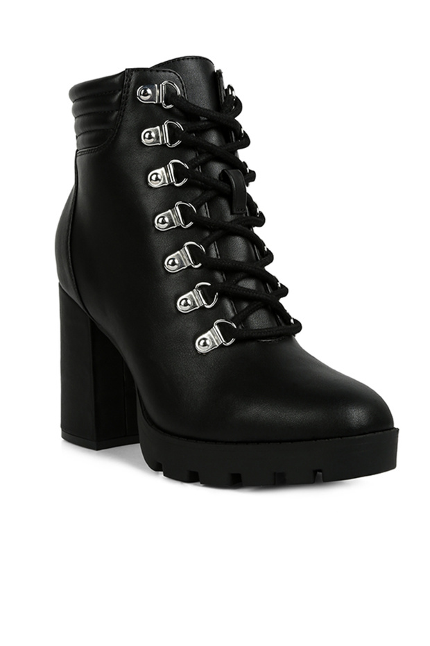 Women Black Lace Up Block Heel Boots