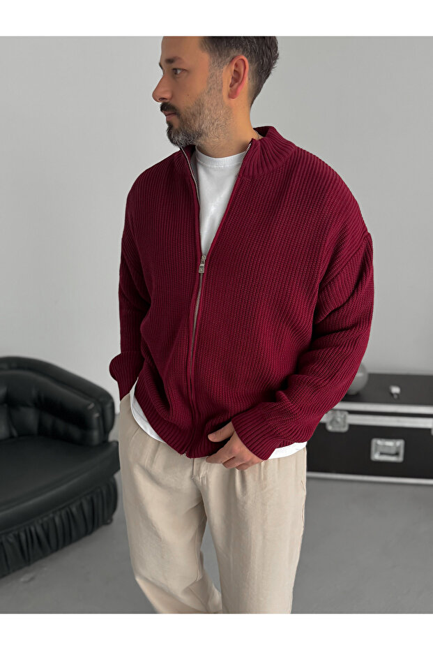 Bordo Fermuarlı Triko Örme Hırka JJ-181 - 3