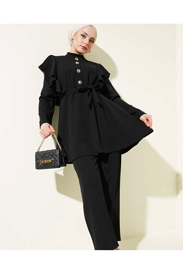 Women's Ruffled Shoulders Belted Double Suit Black