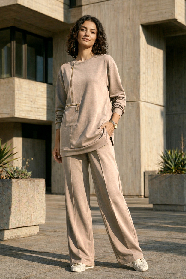 Zipper and Ribbed Detail Tunic Trousers Set 1077 Stone