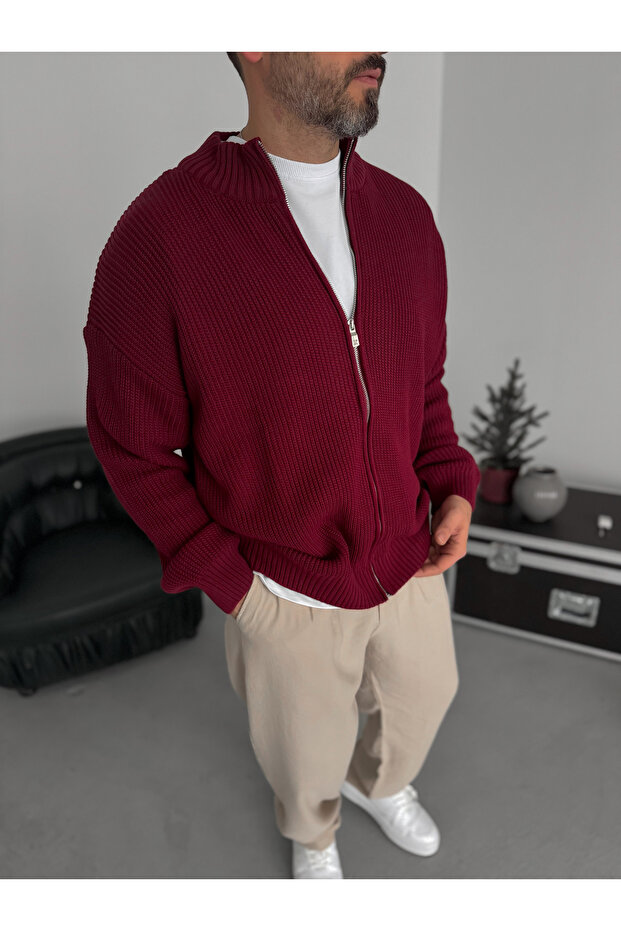 Bordo Fermuarlı Triko Örme Hırka JJ-181 - 2