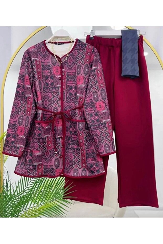 Women's Ethnic Patterned Trouser Suit Burgundy