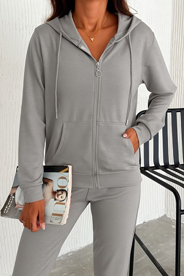 Women's Gray Color Zippered Hooded High Waist Comfortable Fit Modal Tracksuit Set