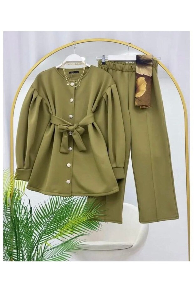 Women's Shoulder Pleated Belted Double Suit Khaki