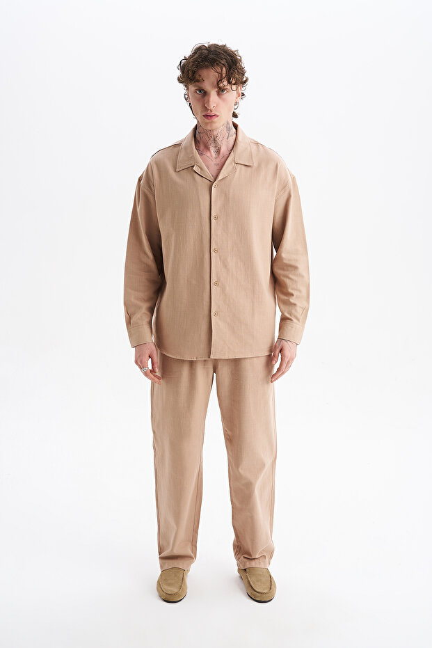 Men's Koton Linen Blended Long Sleeve Apaj Collar Shirt, Elastic Waist Pants Set